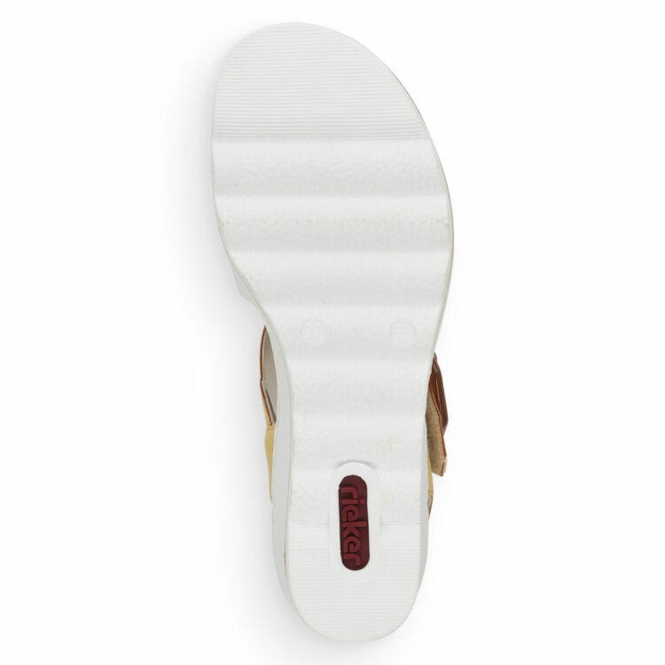 Sandales compensées pour femme de la marque Rieker. Référence : 67476-52 Weiss Sun. Disponible chez Chauss'Family magasin de chaussures à Issoire.