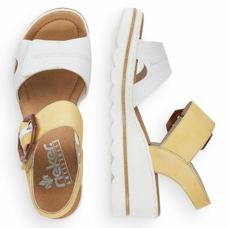 Sandales compensées pour femme de la marque Rieker. Référence : 67476-52 Weiss Sun. Disponible chez Chauss'Family magasin de chaussures à Issoire.