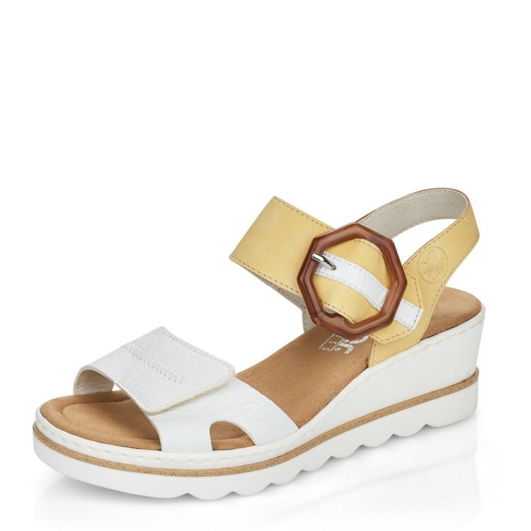 Sandales compensées pour femme de la marque Rieker. Référence : 67476-52 Weiss Sun. Disponible chez Chauss'Family magasin de chaussures à Issoire.