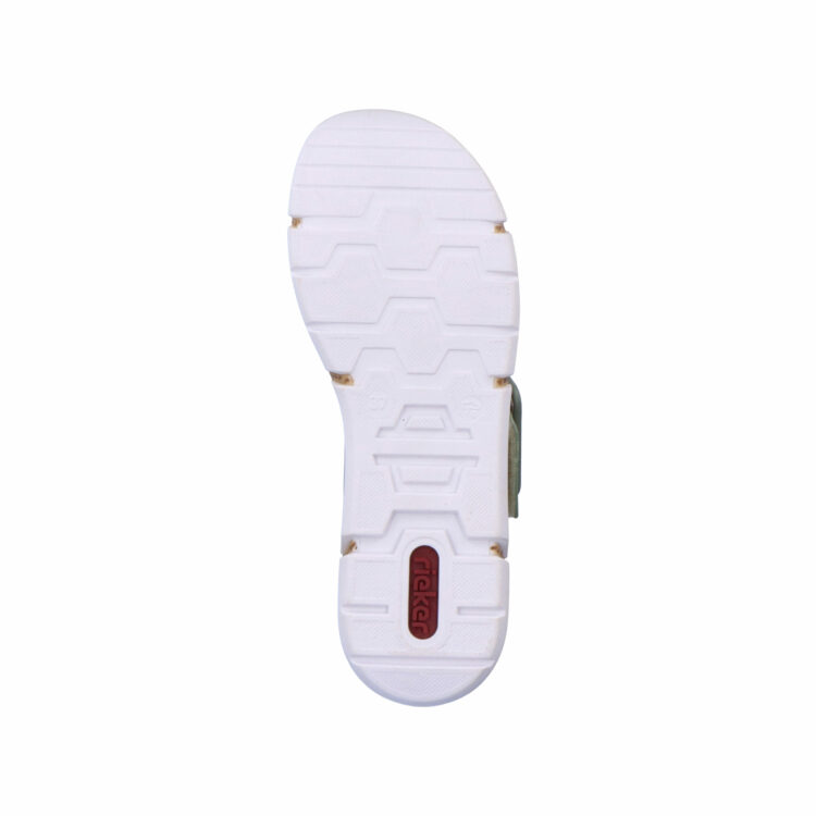 Sandales vertes pour femme de la marque Rieker. Référence : V2350-52 pistazie. Disponible chez Chauss'Family magasin de chaussures à Issoire.
