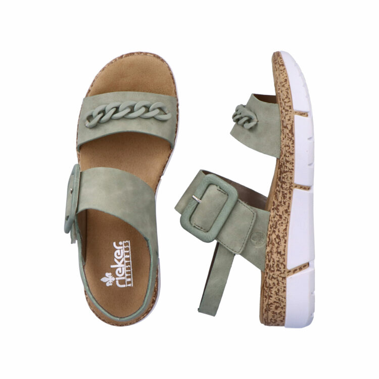 Sandales vertes pour femme de la marque Rieker. Référence : V2350-52 pistazie. Disponible chez Chauss'Family magasin de chaussures à Issoire.