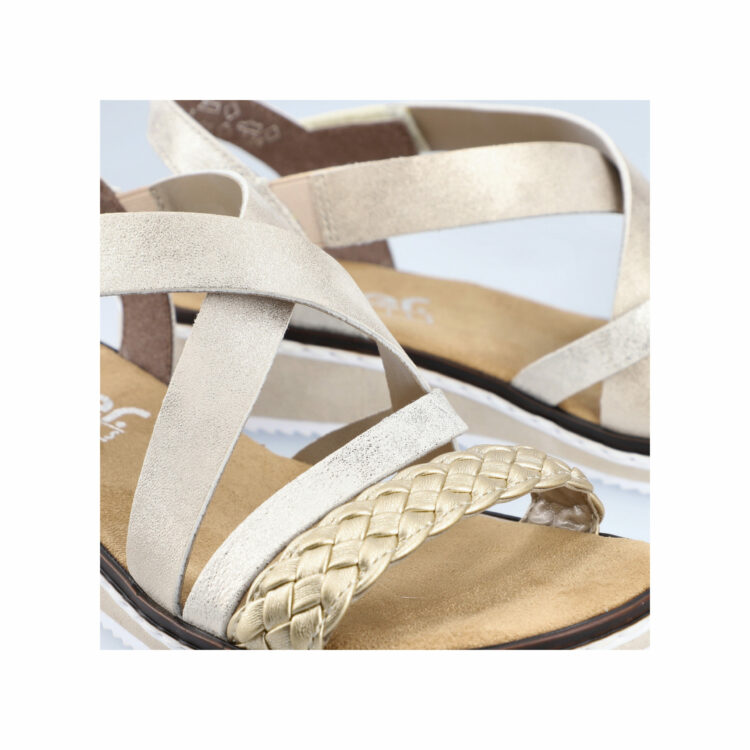 Sandales beiges pour femme de la marque Rieker. Référence : V3663-90 Beige gold. Disponible chez Chauss'Family magasin de chaussures à Issoire.