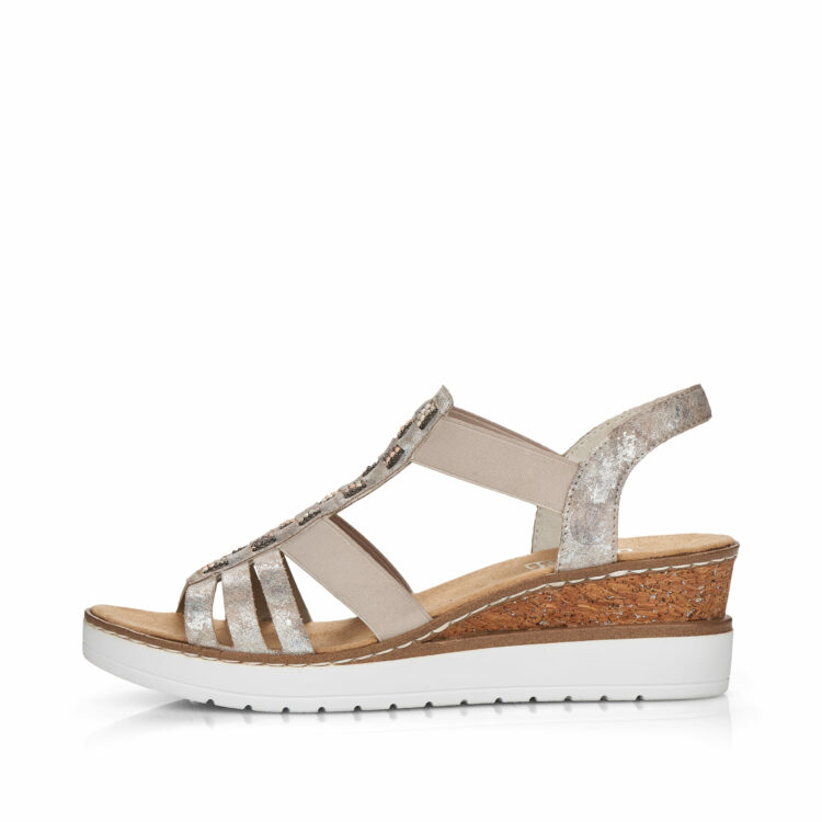 Sandales compensées pour femme de la marque Rieker. Référence : V3822-90 Rose metallic. Disponible chez Chauss'Family magasin de chaussures à Issoire.