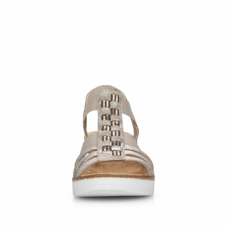 Sandales compensées pour femme de la marque Rieker. Référence : V3822-90 Rose metallic. Disponible chez Chauss'Family magasin de chaussures à Issoire.