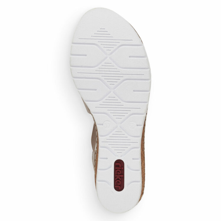 Sandales compensées pour femme de la marque Rieker. Référence : V3822-90 Rose metallic. Disponible chez Chauss'Family magasin de chaussures à Issoire.