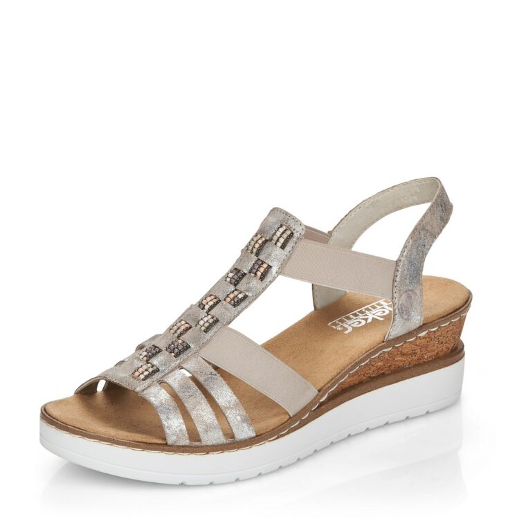 Sandales compensées pour femme de la marque Rieker. Référence : V3822-90 Rose metallic. Disponible chez Chauss'Family magasin de chaussures à Issoire.