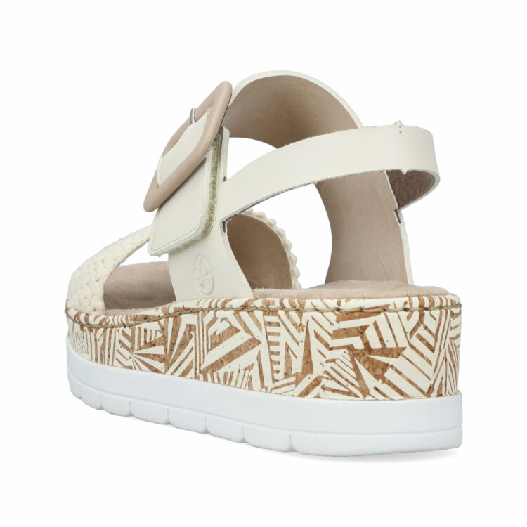 Sandales compensées pour femme de la marque Rieker. Référence : V3950-61 Creme. Disponible chez Chauss'Family magasin de chaussures à Issoire.