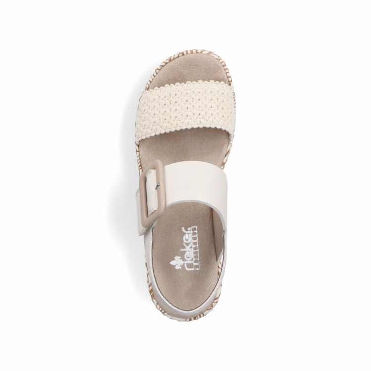 Sandales compensées pour femme de la marque Rieker. Référence : V3950-61 Creme. Disponible chez Chauss'Family magasin de chaussures à Issoire.