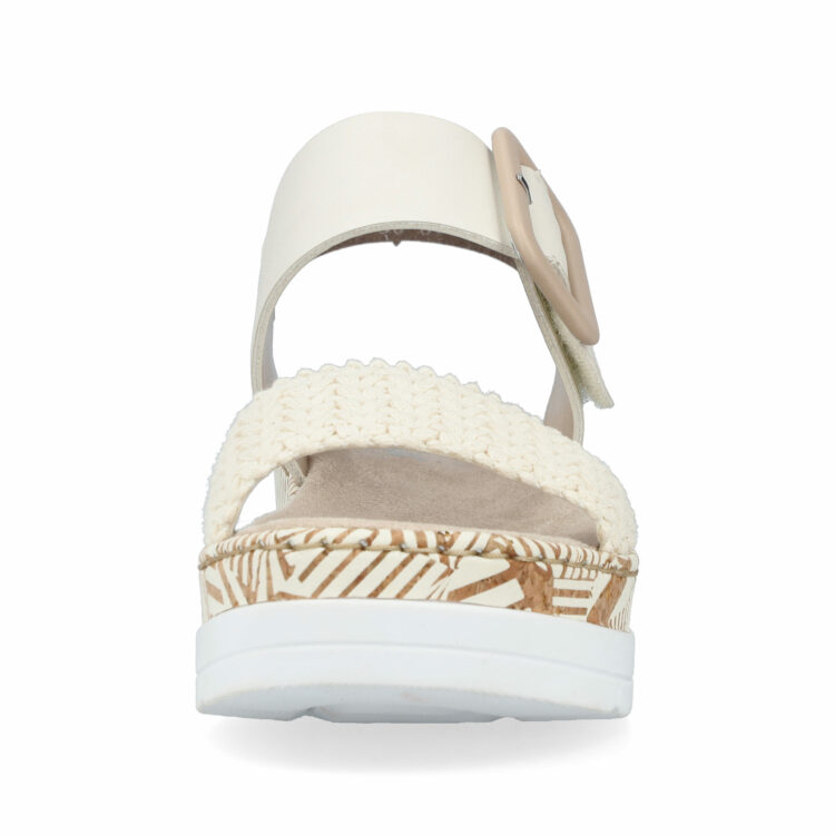 Sandales compensées pour femme de la marque Rieker. Référence : V3950-61 Creme. Disponible chez Chauss'Family magasin de chaussures à Issoire.