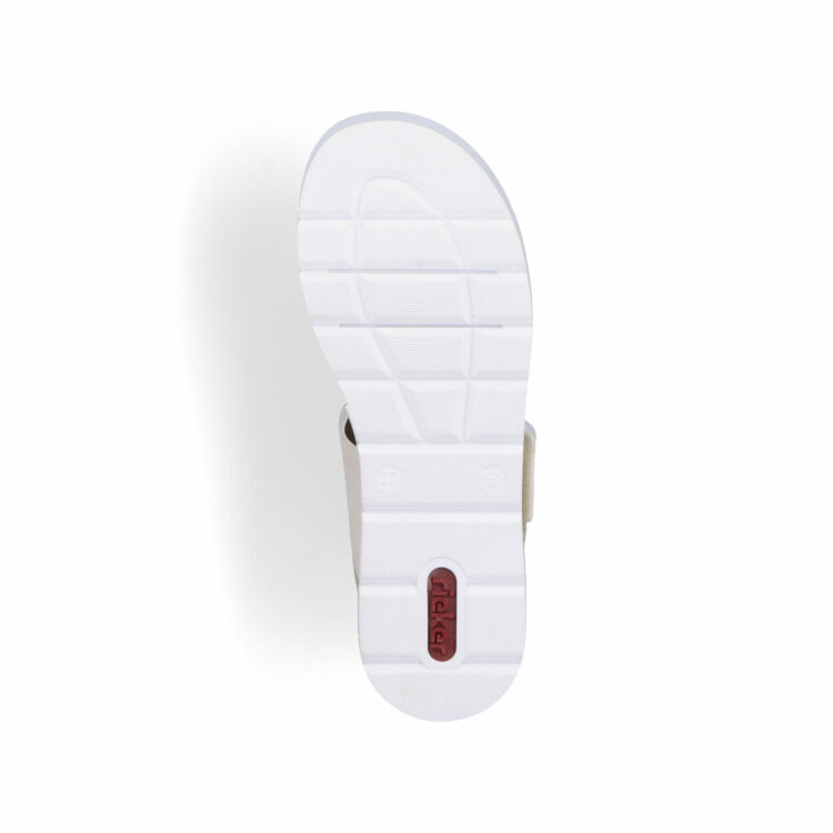 Sandales compensées pour femme de la marque Rieker. Référence : V3950-61 Creme. Disponible chez Chauss'Family magasin de chaussures à Issoire.