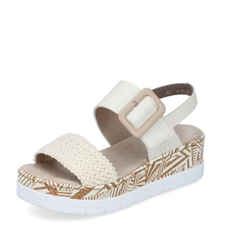 Sandales compensées pour femme de la marque Rieker. Référence : V3950-61 Creme. Disponible chez Chauss'Family magasin de chaussures à Issoire.