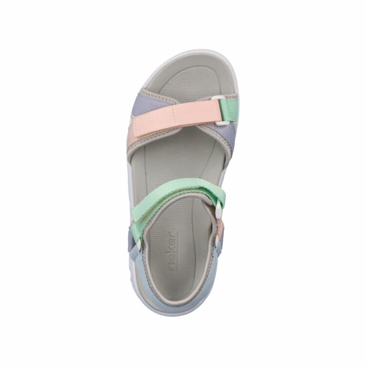 Sandales multicolores pour femme de la marque Rieker. Référence : V8401-90 Perlcloud. Disponible chez Chauss'Family magasin de chaussures à Issoire.