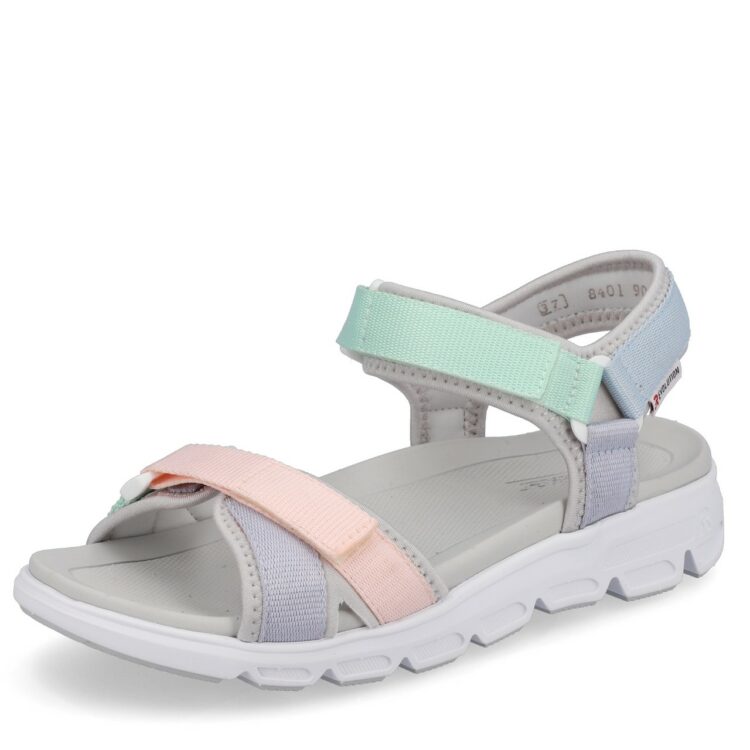 Sandales multicolores pour femme de la marque Rieker. Référence : V8401-90 Perlcloud. Disponible chez Chauss'Family magasin de chaussures à Issoire.