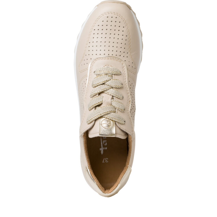 Sneakers beiges de la marque Tamaris. Référence 23614-20 429 Cream Gold. Disponible chez Chauss'Family magasin de chaussures à Issoire.