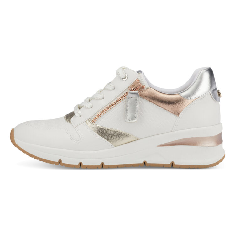 Baskets compensées de la marque Tamaris. Référence 23702-20 157 WHT ROS/GOLD. Disponible chez Chauss'Family magasin de chaussures à Issoire.