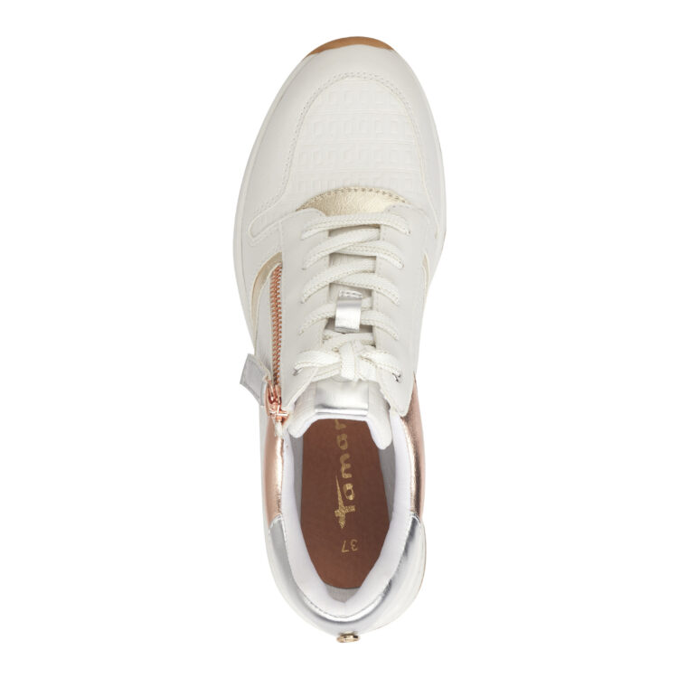 Baskets compensées de la marque Tamaris. Référence 23702-20 157 WHT ROS/GOLD. Disponible chez Chauss'Family magasin de chaussures à Issoire.