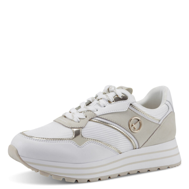 Sneakers à plateforme de la marque Tamaris. Référence 23706-20 193 Wht/Lt Gold. Disponible chez Chauss'Family magasin de chaussures à Issoire.