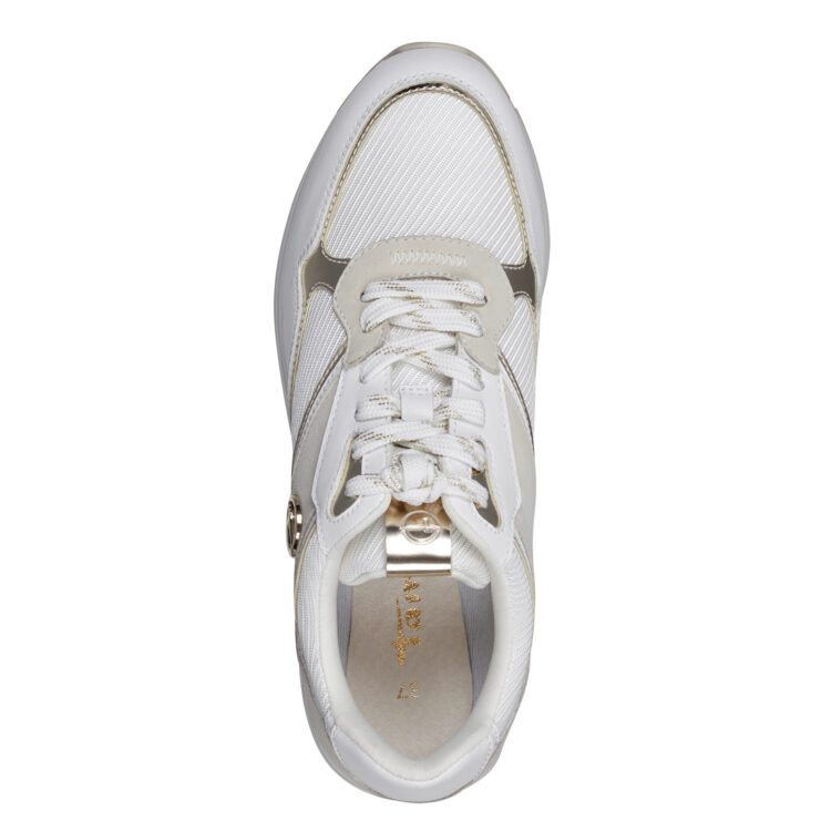 Sneakers à plateforme de la marque Tamaris. Référence 23706-20 193 Wht/Lt Gold. Disponible chez Chauss'Family magasin de chaussures à Issoire.