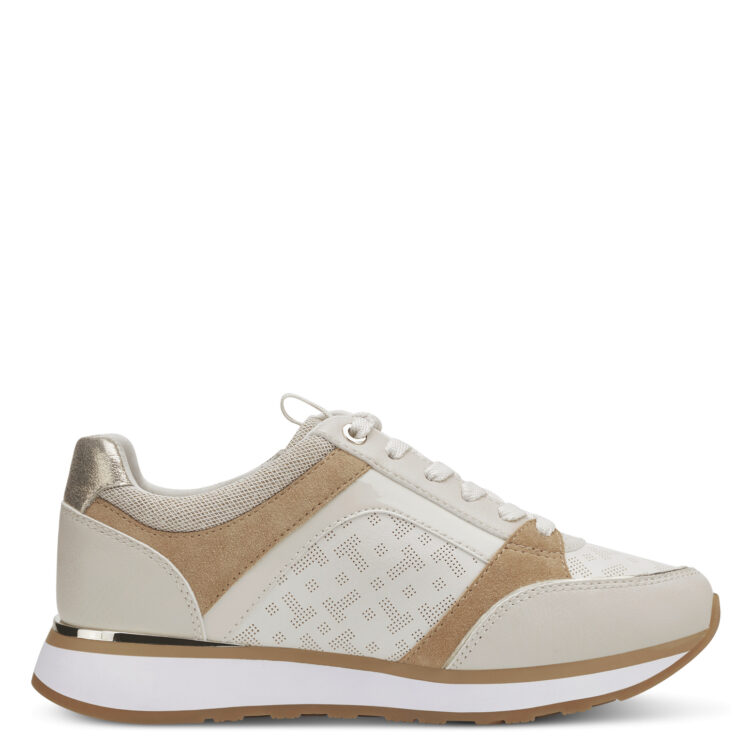 Baskets blanches de la marque Tamaris. Référence 23726-20 488 Ivory Nut Comb. Disponible chez Chauss'Family magasin de chaussures à Issoire.