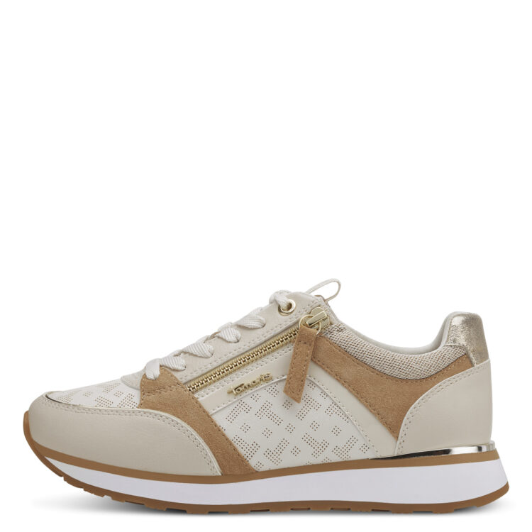 Baskets blanches de la marque Tamaris. Référence 23726-20 488 Ivory Nut Comb. Disponible chez Chauss'Family magasin de chaussures à Issoire.