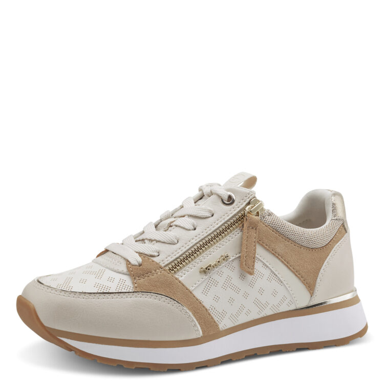 Baskets blanches de la marque Tamaris. Référence 23726-20 488 Ivory Nut Comb. Disponible chez Chauss'Family magasin de chaussures à Issoire.