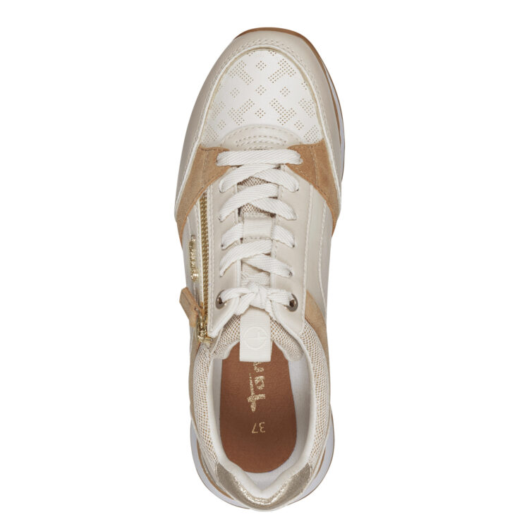 Baskets blanches de la marque Tamaris. Référence 23726-20 488 Ivory Nut Comb. Disponible chez Chauss'Family magasin de chaussures à Issoire.