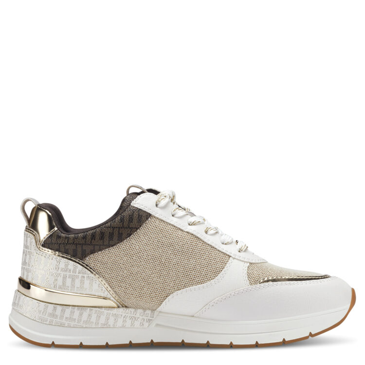 Baskets blanche et or de la marque Tamaris. Référence 23732-20 488 Ivory Gold Com. Disponible chez Chauss'Family magasin de chaussures à Issoire.