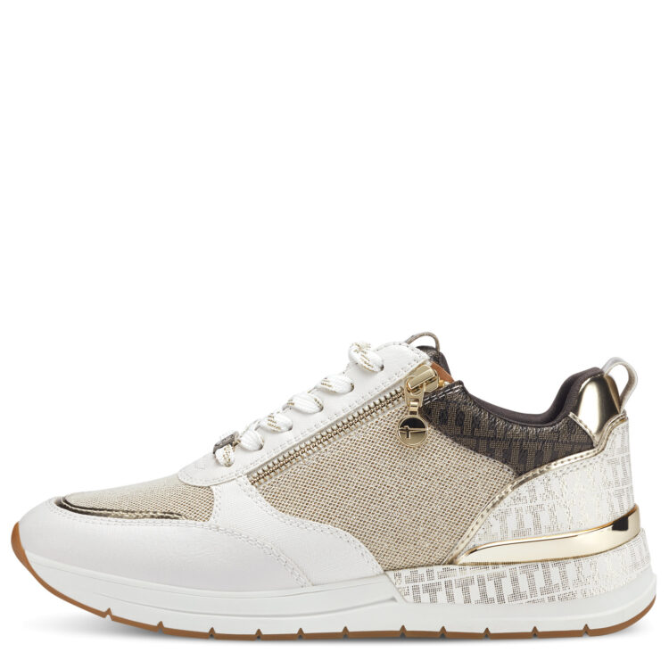 Baskets blanche et or de la marque Tamaris. Référence 23732-20 488 Ivory Gold Com. Disponible chez Chauss'Family magasin de chaussures à Issoire.