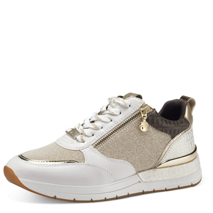 Baskets blanche et or de la marque Tamaris. Référence 23732-20 488 Ivory Gold Com. Disponible chez Chauss'Family magasin de chaussures à Issoire.