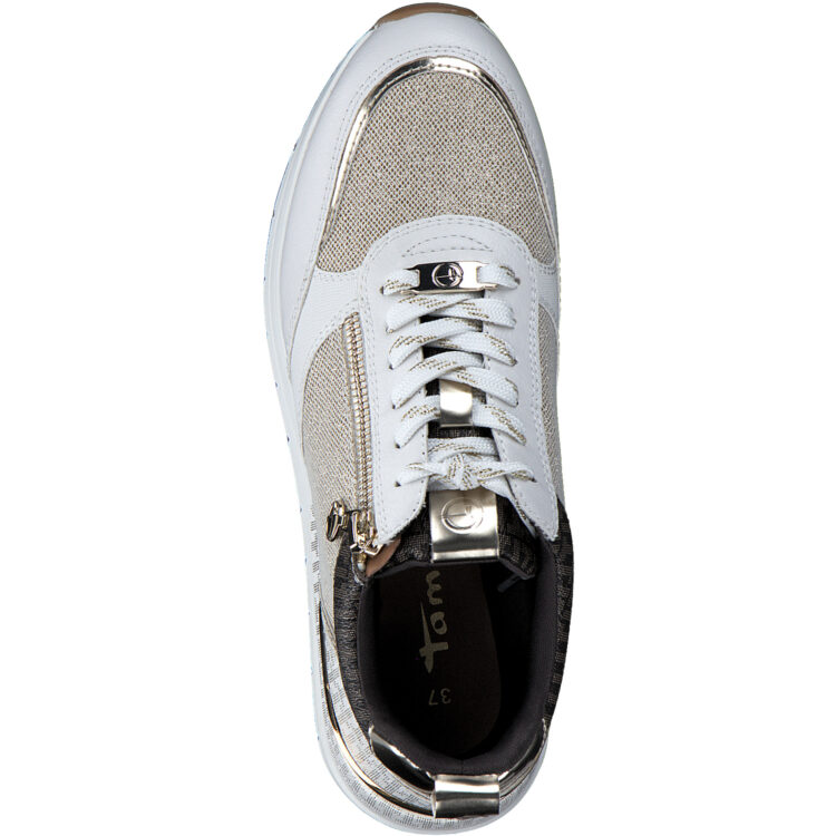 Baskets blanche et or de la marque Tamaris. Référence 23732-20 488 Ivory Gold Com. Disponible chez Chauss'Family magasin de chaussures à Issoire.