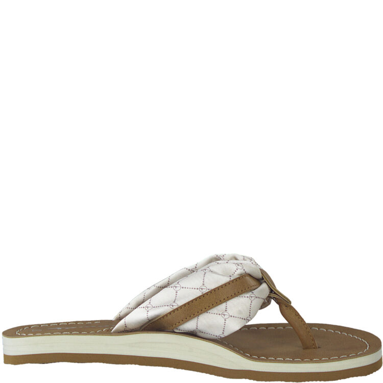 Tongs pour femme marque Tamaris. Référence : 27109-20 447 Cream Logo. Disponible chez Chauss'Family magasin de chaussures à Issoire.