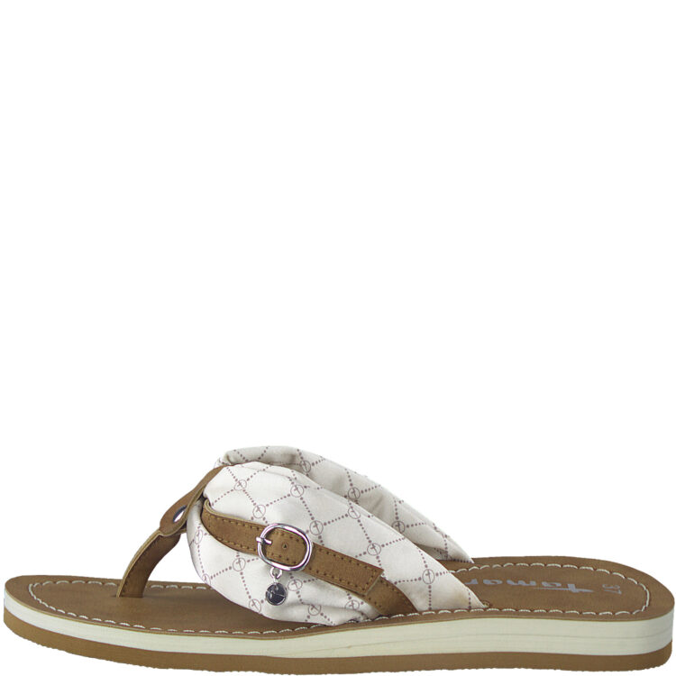 Tongs pour femme marque Tamaris. Référence : 27109-20 447 Cream Logo. Disponible chez Chauss'Family magasin de chaussures à Issoire.