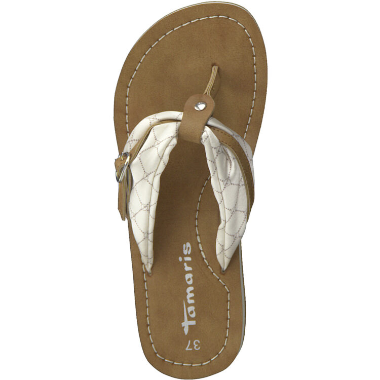 Tongs pour femme marque Tamaris. Référence : 27109-20 447 Cream Logo. Disponible chez Chauss'Family magasin de chaussures à Issoire.