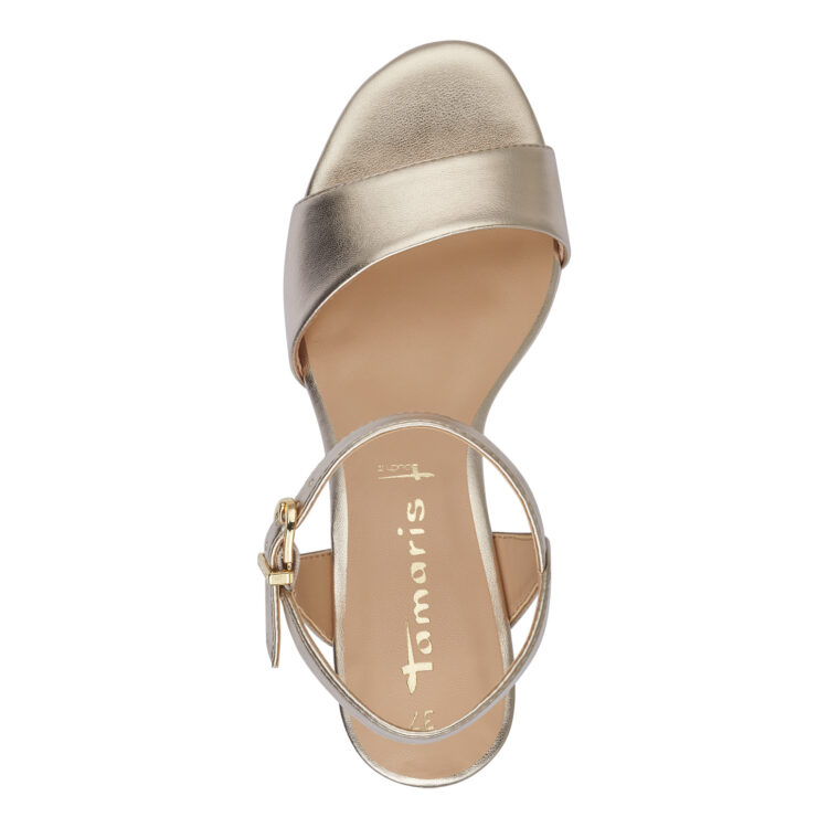 Sandales habillées pour femme de la marque Tamaris. Référence : 28008-20 909 Light Gold. Disponible chez Chauss'Family magasin de chaussures à Issoire.