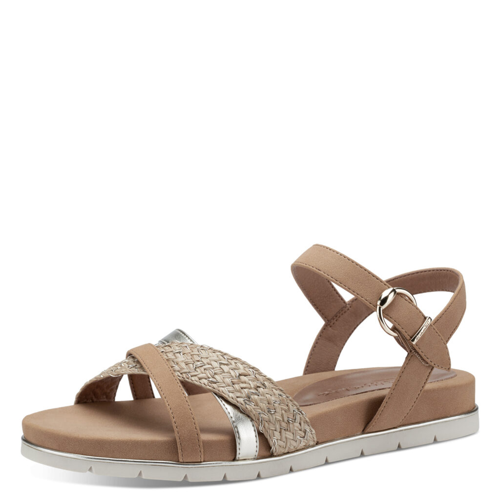 Sandales plates marron Tamaris pour femme. Référence : 28145-42 313 Camel Comb. Disponible chez Chauss'Family magasin de chaussures à Issoire.