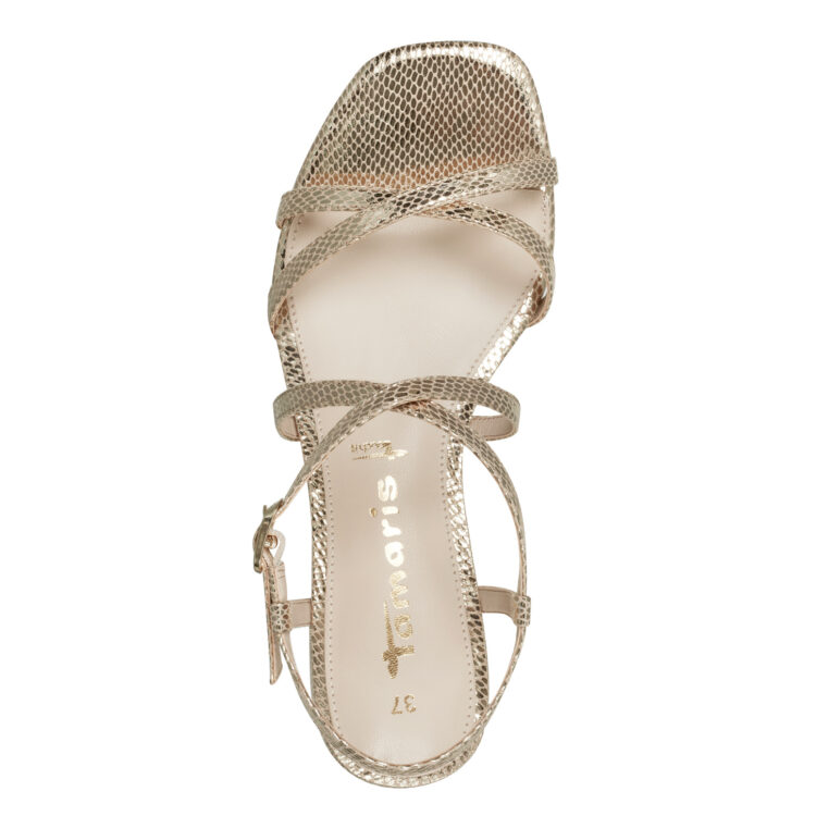 Sandales habillées pour femme de la marque Tamaris. Référence : 28204-20 912 Lt.Gold Struc. Disponible chez Chauss'Family magasin de chaussures à Issoire.