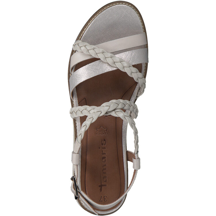 Sandales compensées pour femme de la marque Tamaris. Référence : 28207-20 418 Ivory. Disponible chez Chauss'Family magasin de chaussures à Issoire.