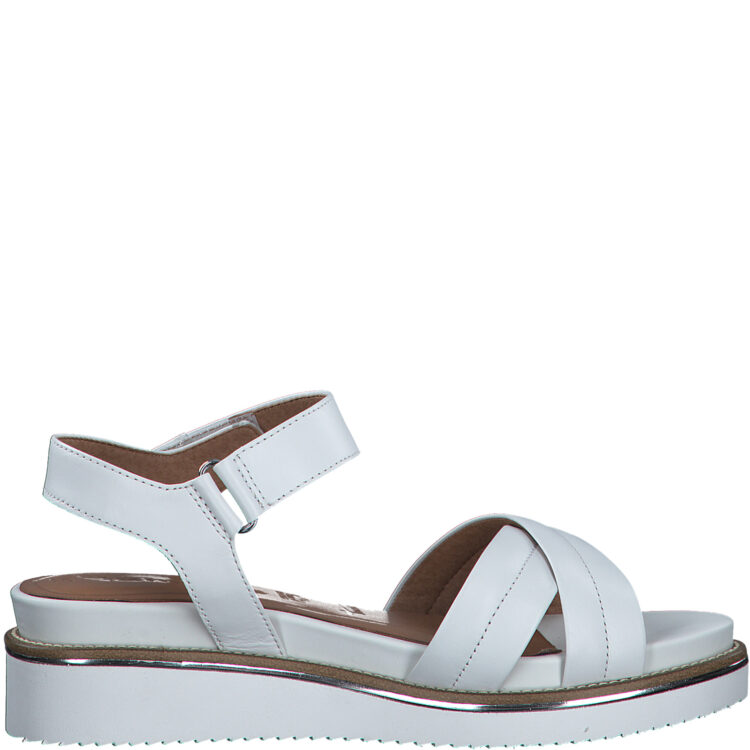 Sandales compensées pour femme de la marque Tamaris. Référence : 28225-20 117 White Leather. Disponible chez Chauss'Family magasin de chaussures à Issoire.