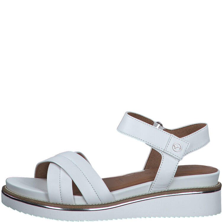 Sandales compensées pour femme de la marque Tamaris. Référence : 28225-20 117 White Leather. Disponible chez Chauss'Family magasin de chaussures à Issoire.