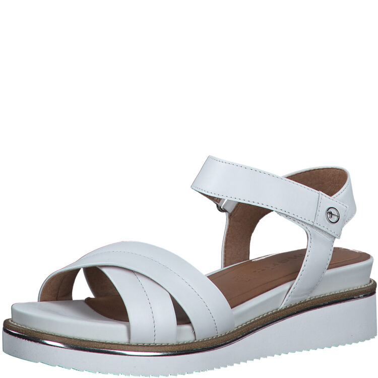 Sandales compensées pour femme de la marque Tamaris. Référence : 28225-20 117 White Leather. Disponible chez Chauss'Family magasin de chaussures à Issoire.