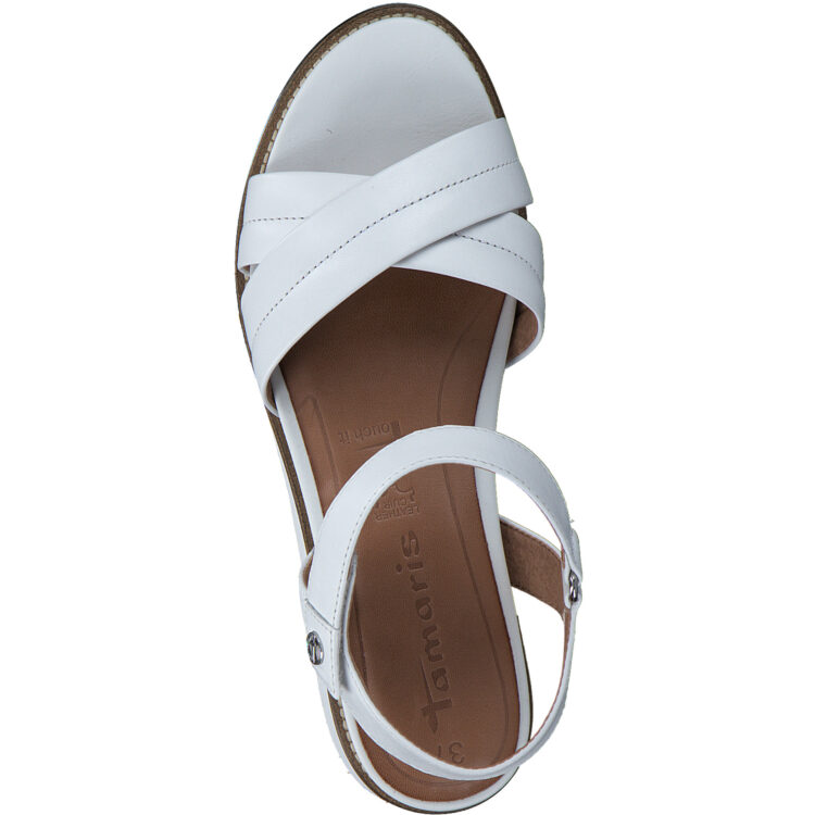 Sandales compensées pour femme de la marque Tamaris. Référence : 28225-20 117 White Leather. Disponible chez Chauss'Family magasin de chaussures à Issoire.