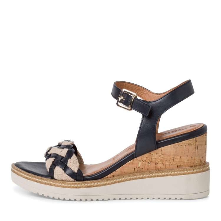 Sandales compensées pour femme de la marque Tamaris. Référence : 28305-20 805 Navy. Disponible chez Chauss'Family magasin de chaussures à Issoire.