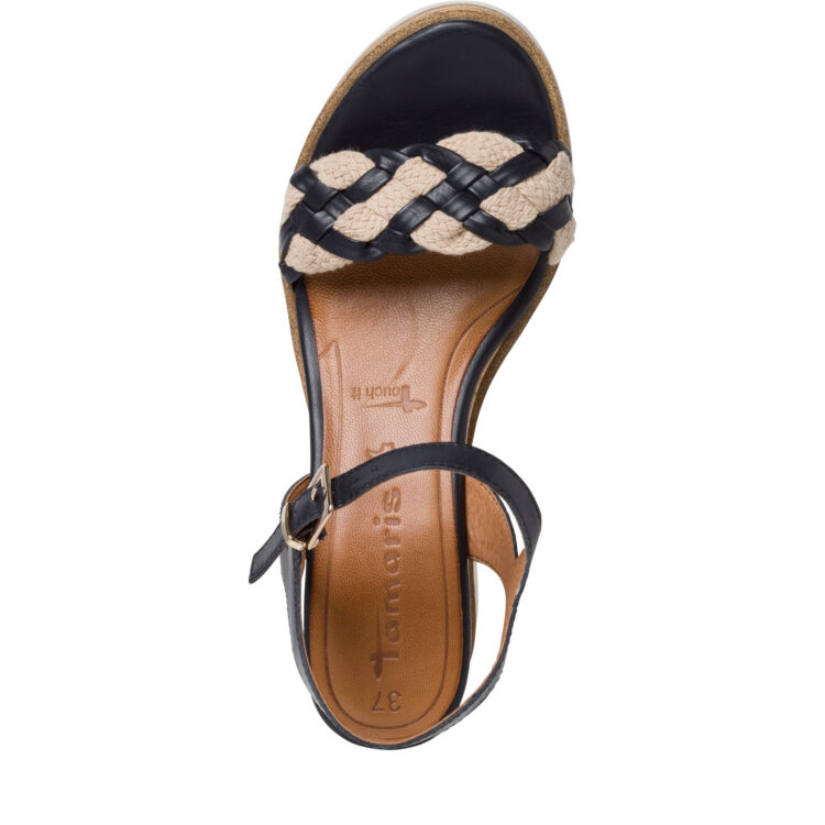 Sandales compensées pour femme de la marque Tamaris. Référence : 28305-20 805 Navy. Disponible chez Chauss'Family magasin de chaussures à Issoire.