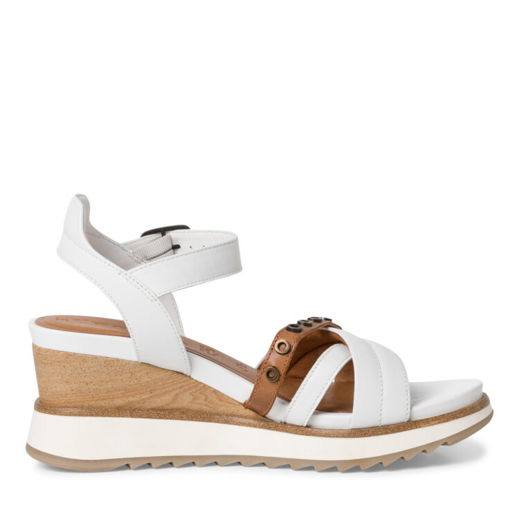 Sandales compensées pour femme de la marque Tamaris. Référence : 28311-20 139 White/Cognac. Disponible chez Chauss'Family magasin de chaussures à Issoire.