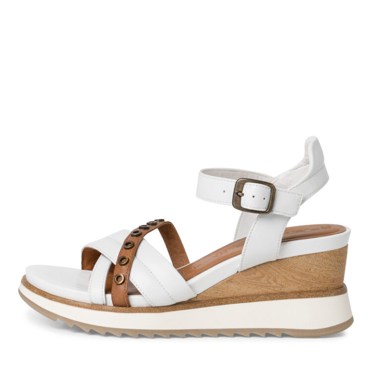 Sandales compensées pour femme de la marque Tamaris. Référence : 28311-20 139 White/Cognac. Disponible chez Chauss'Family magasin de chaussures à Issoire.