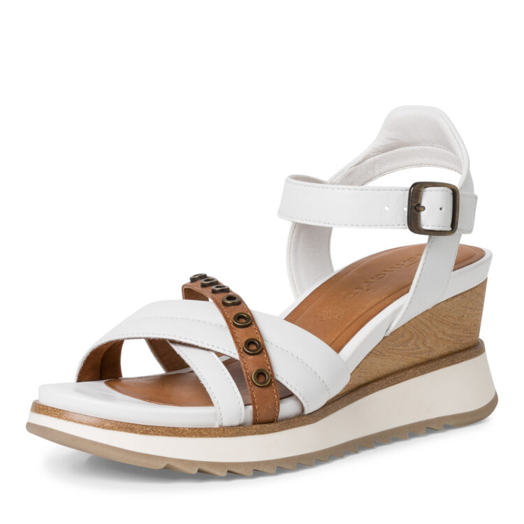 Sandales compensées pour femme de la marque Tamaris. Référence : 28311-20 139 White/Cognac. Disponible chez Chauss'Family magasin de chaussures à Issoire.