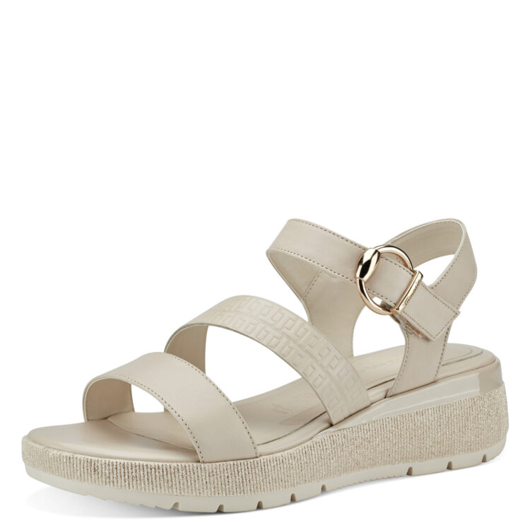 Sandales beiges pour femme de la marque Tamaris. Référence : 28714-20 418 Ivory. Disponible chez Chauss'Family magasin de chaussures à Issoire.