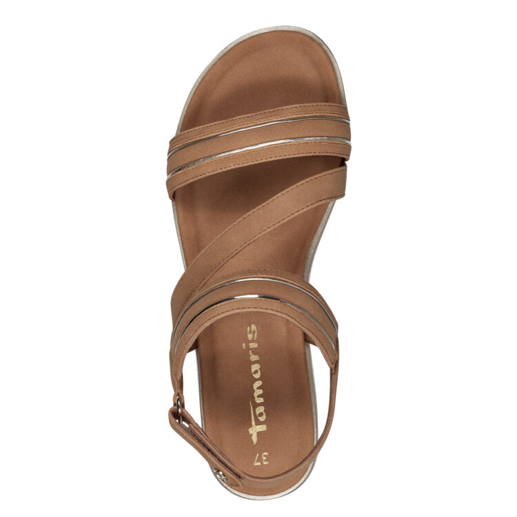 Sandales beiges pour femme de la marque Tamaris. Référence : 28715-20 310 Camel. Disponible chez Chauss'Family magasin de chaussures à Issoire.