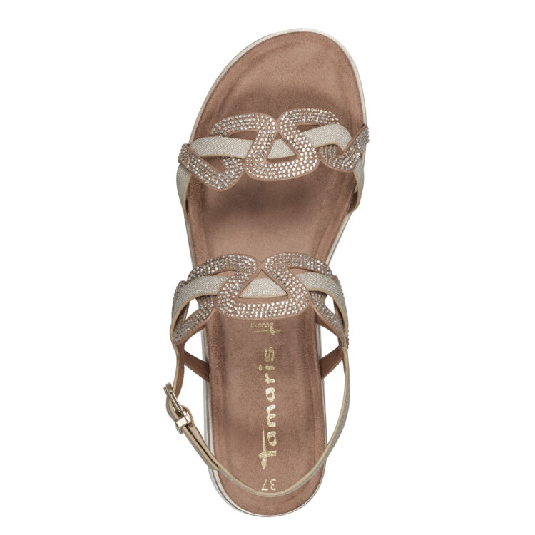 Sandales avec strass pour femme de la marque Tamaris. Référence : 28716-20 373 Almond Comb. Disponible chez Chauss'Family magasin de chaussures à Issoire.