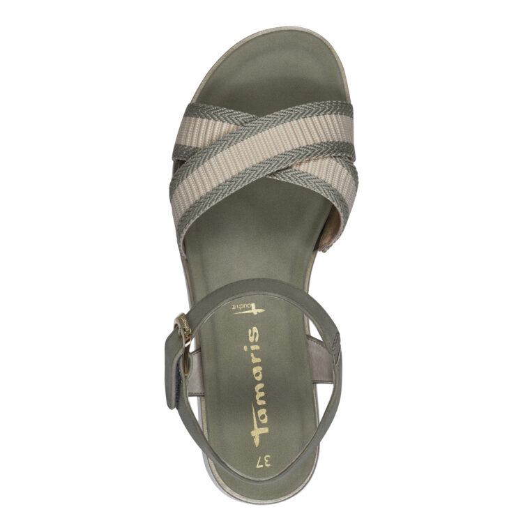 Sandales avec pistache pour femme de la marque Tamaris. Référence : 28717-20 785 Pistacchio Com. Disponible chez Chauss'Family magasin de chaussures à Issoire.